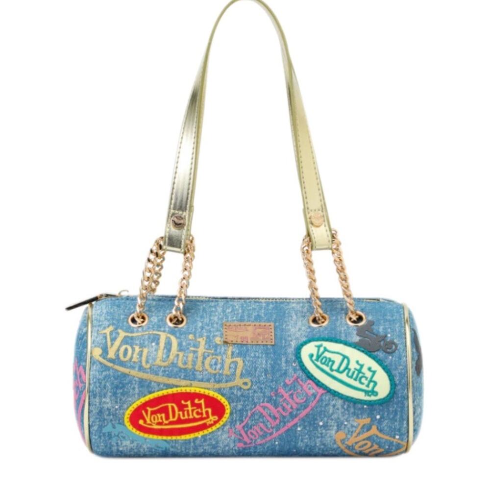 Von Dutch barrel denim jean patch purse bag NWT with gold chains and strap
